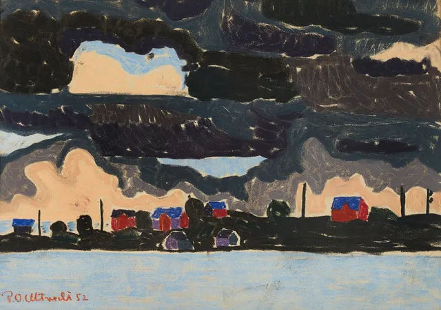 PER OLOF ULTVEDT (1927-2006). Hus vid sund, signerad och daterad 52, pastell/krita.