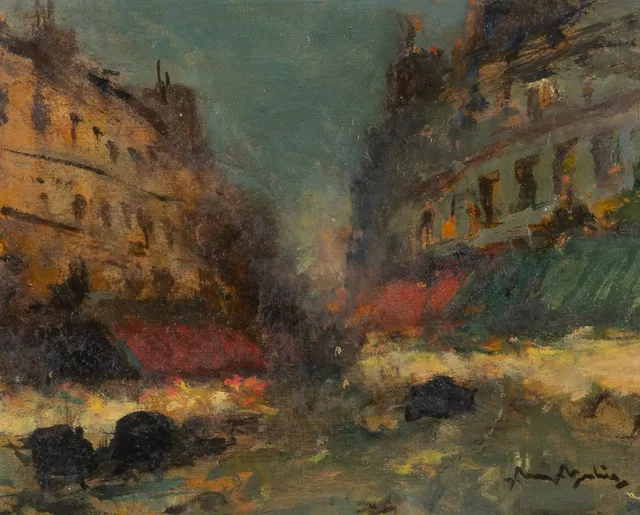 ARNE ASPELIN. Stadsbild, olja på pannå, signerad.