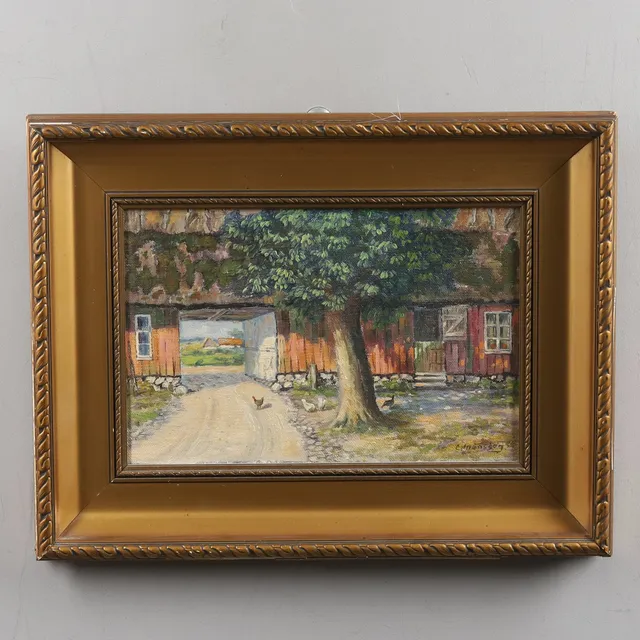 CARL MÅNSSON (1892-1976). Olja på pannå, "Gårdsmotiv", signerad.