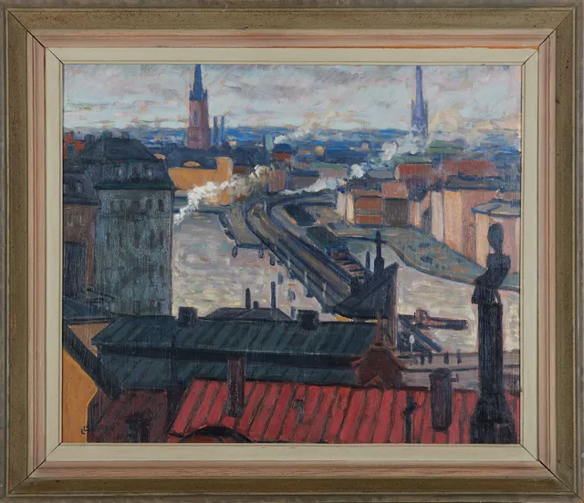 LENNART LARSSON (1922-2007). Vy från Södermalm mot Riddarholmen, signerad L Larsson, olja på pannå.