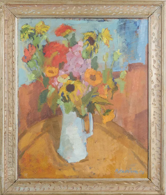 BJÖRN HALLSTRÖM. Stilleben med blommor i kanna, olja på duk, daterad och signerad B. Hallström -38.