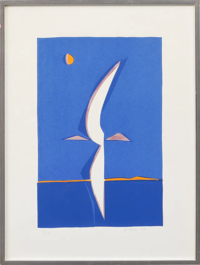 LEIDA RIVES-ELFVÉN. Abstrakt komposition mot blå fond, färgserigrafi, signerad och numrerad 18/24.