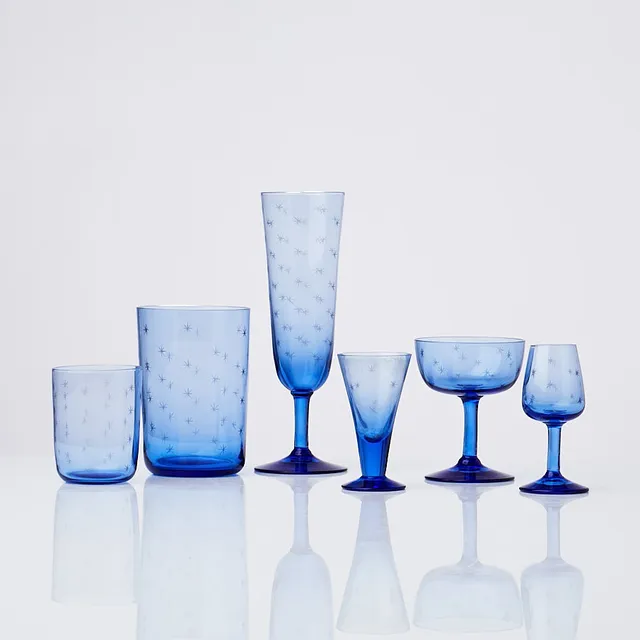 MONICA BRATT. glasservis, 75 dlr, modell "B6", för Reijmyre, ca 1930/40-tal, blå glasmassa med etsad dekor av stjärnor.