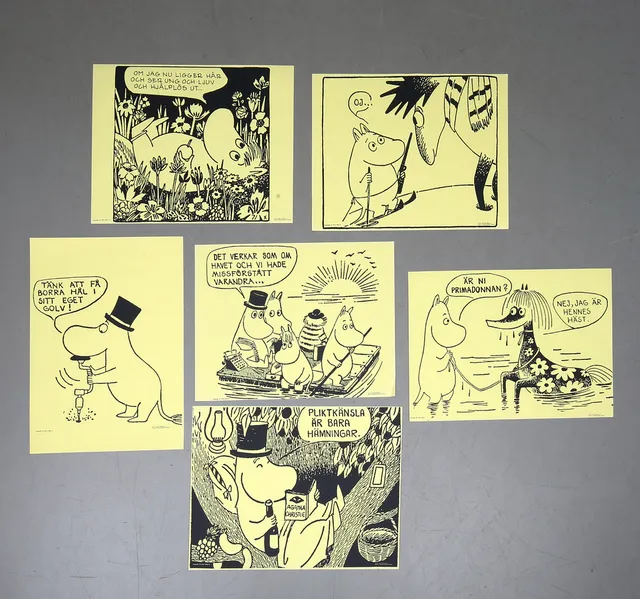 TOVE JANSSON. affischer, 6 st, Mumin, Bull's Presstjänst, Art Work Shop, 1960-tal.