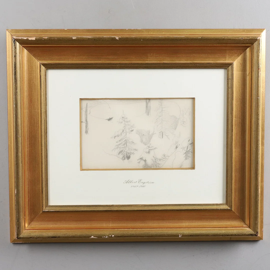ALBERT ENGSTRÖM. Vinterskog, teckning ur skissbok. — Drawings — Örebro Stadsauktioner