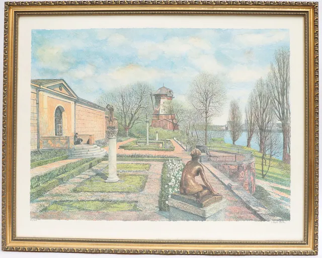 PIETRO DALLA-SANTA. "Terrassen-Waldemarsudde" färglitografi, signerad och numrerad.