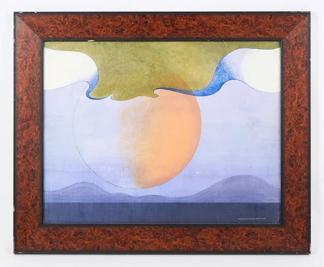 TAPIO KINNUNEN (1934-1981). "Även månen är hetare", signerad samt daterad -69, gouache och blandteknik på pannå.
