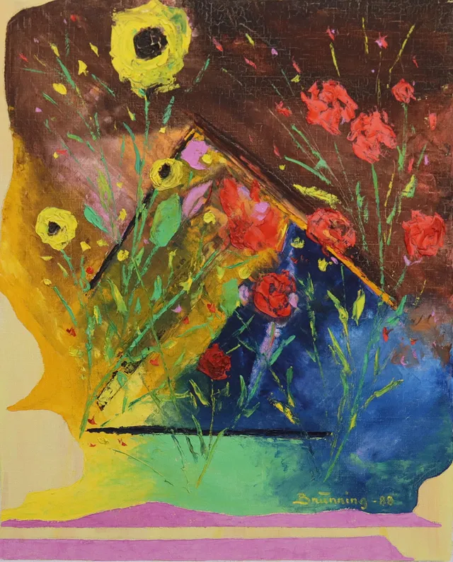 LEIF BRÜNNING (1930-1999). olja på duk, blomsterkomposition.