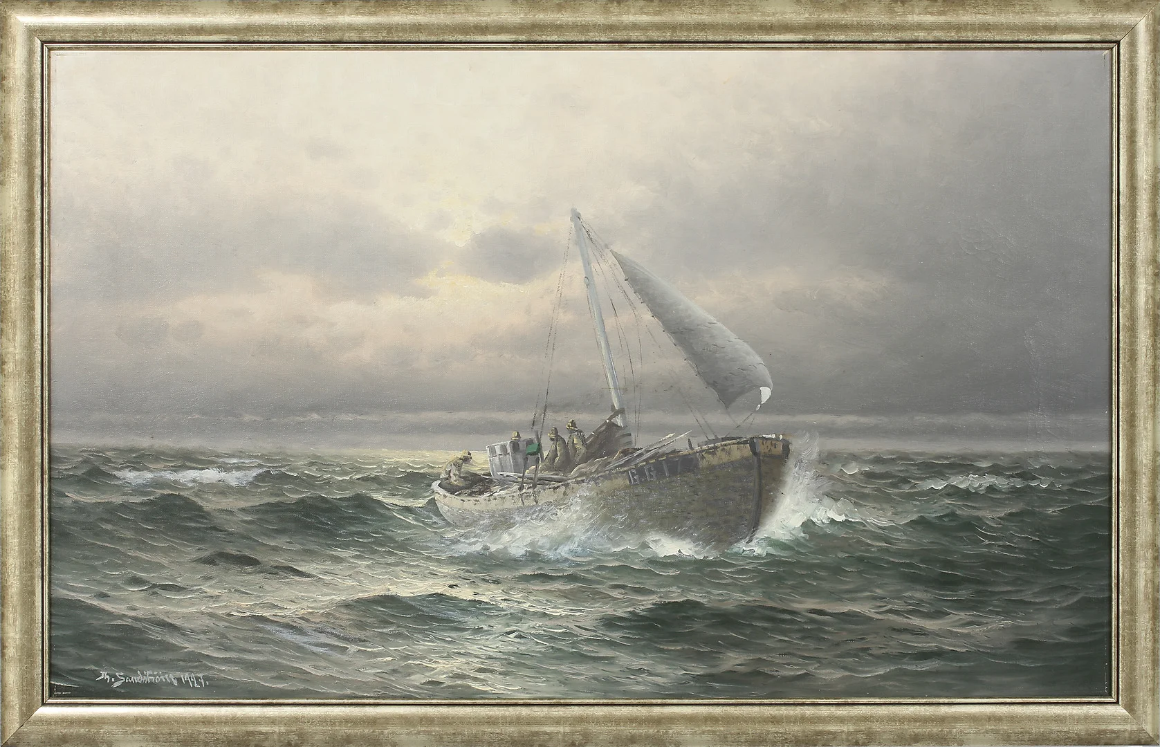 THERESIA SANDSTRÖM. Fiskare till havs, olja på duk, signerad Th Sandström 1927. — Paintings — Göteborgs Auktionsverk