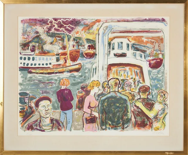 ALBIN AMELIN. Hamnmotiv, signerad Amelin, färglitografi.