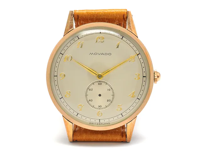 MOVADO, herrur, 36 mm, Cal 470, Ref nr. 14828, Boett nr. B479741, stål/rosa guld, manuell, plexiglas, liten sekundvisare saknas, skadad urtavla (8/10), defekt, läderband, originalspänne i gulmetall, ca 1950.