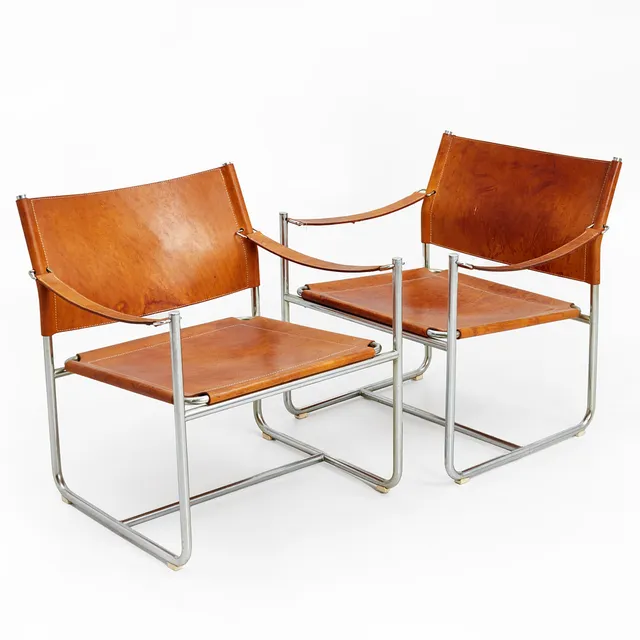 KARIN MOBRING. Fåtöljer, ett par, "Amiral", stålrör, cognacsfärgat läder, IKEA.