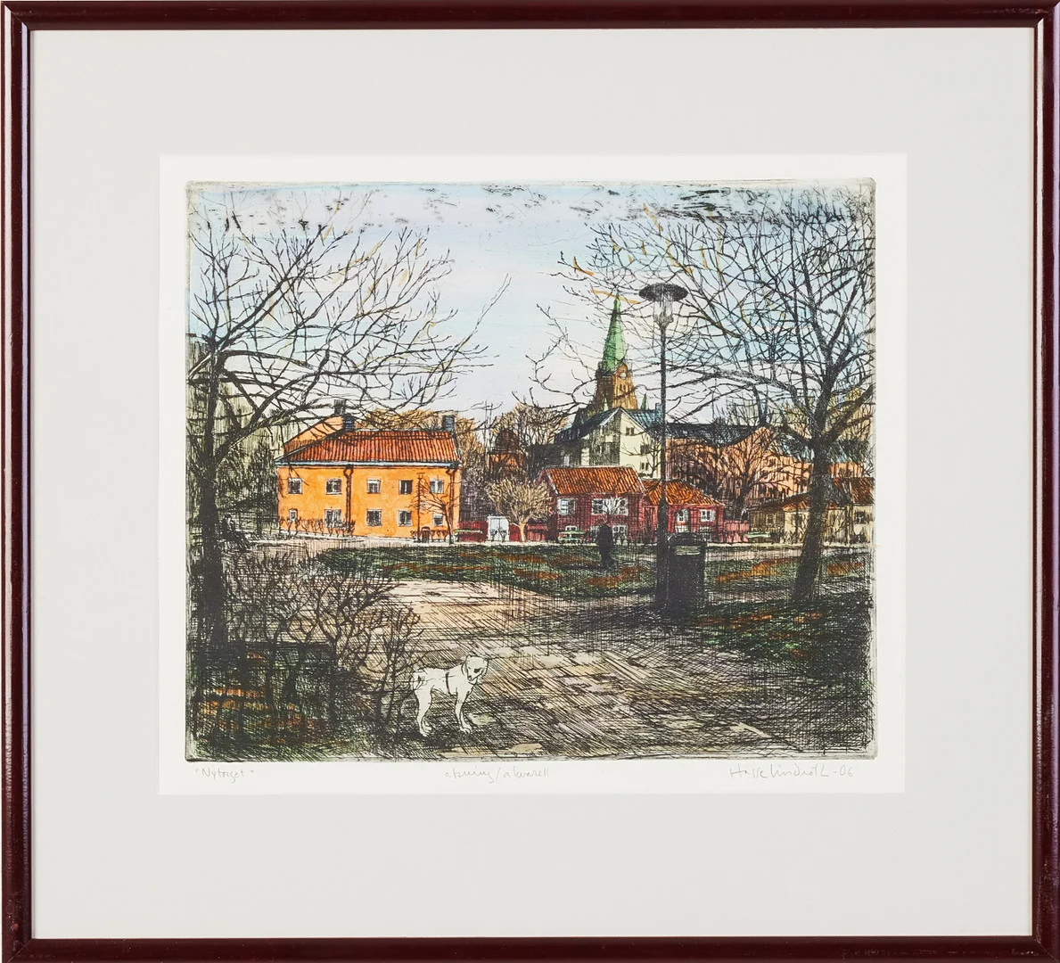 HASSE LINDROTH (FÖDD 1938). "Nytorget", kolorerad etsning, signerad och daterad -06. — Engravings & Prints — Stockholms Auktionsverk Magasin 5