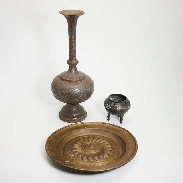Weihrauchbrenner, Vase und Schale, Bronze, Messing, Asien / Orient (3).