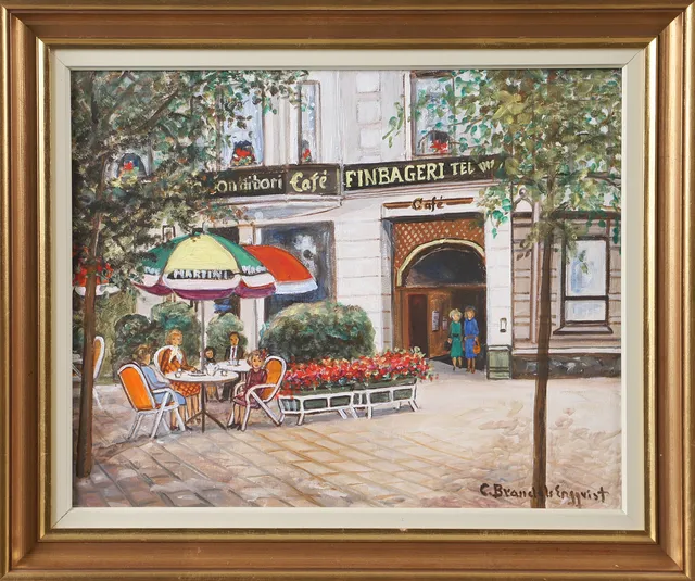 CARIN BRANDELS ENGQVIST. Cafémotiv, olja på duk, signerad C. Brandels Engqvist.