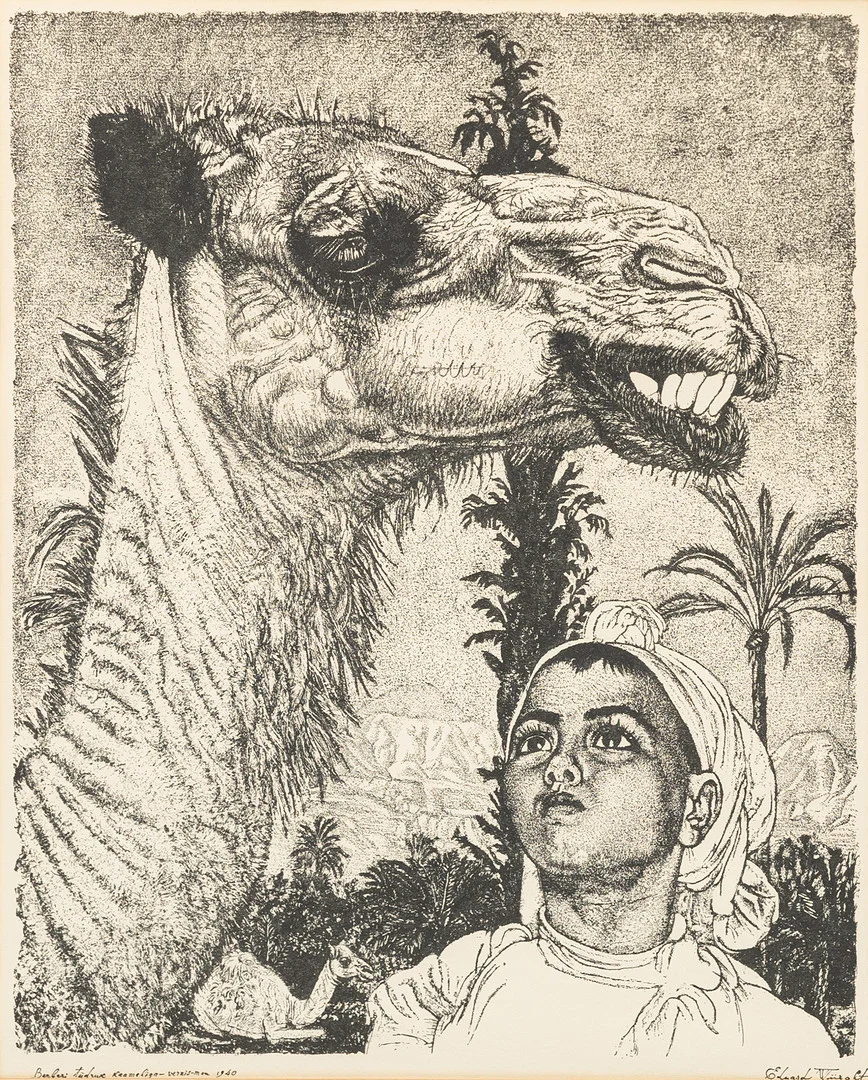 EDUARD WIIRALT. EFTER. "Berberi tüdruk kaameliga", litografiskt tryck, signerad och daterad i trycket, 1940. — Engravings & Prints — Auktionshuset Kolonn