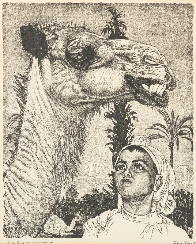 EDUARD WIIRALT. EFTER. "Berberi tüdruk kaameliga", litografiskt tryck, signerad och daterad i trycket, 1940.
