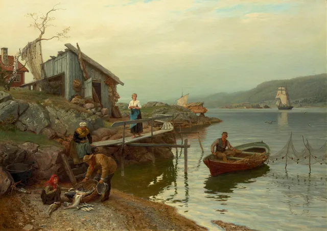 Gude, Hans Fredrik — "Norsk fiskerhavn" 1877
