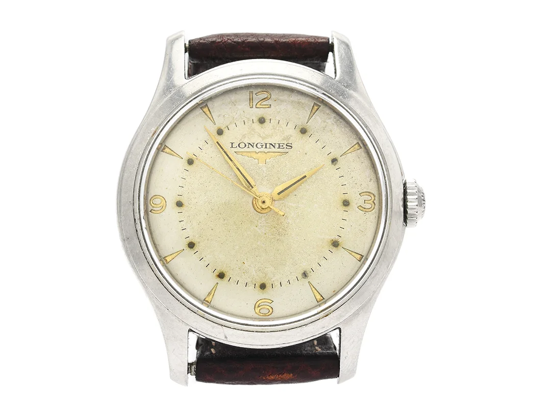 LONGINES, herrur, 35 mm, Cal 12.68ZS, Serie nr. 10693295, Boett nr. 6264 21 / 336, stål, manuell, plexiglas, skadad urtavla, läderband, ca 1958. — Klockor/Longines — Kaplans