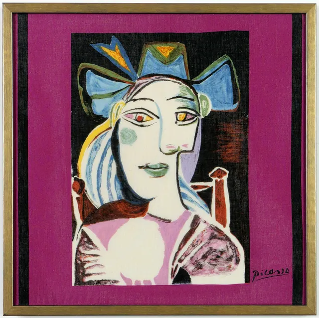 AFTER PABLO PICASSO. WOMAN IN HAT ON SILK.
