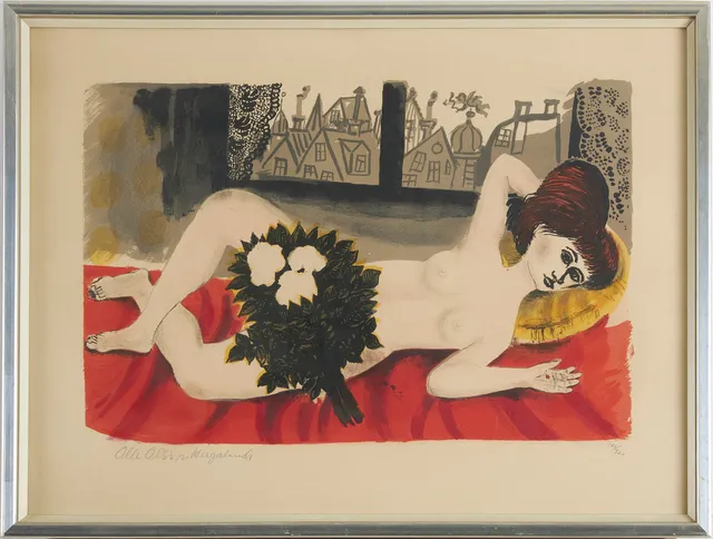 OLLE OLSSON HAGALUND (1904-1972). "Nyckelpigan", färglitografi, signerad.