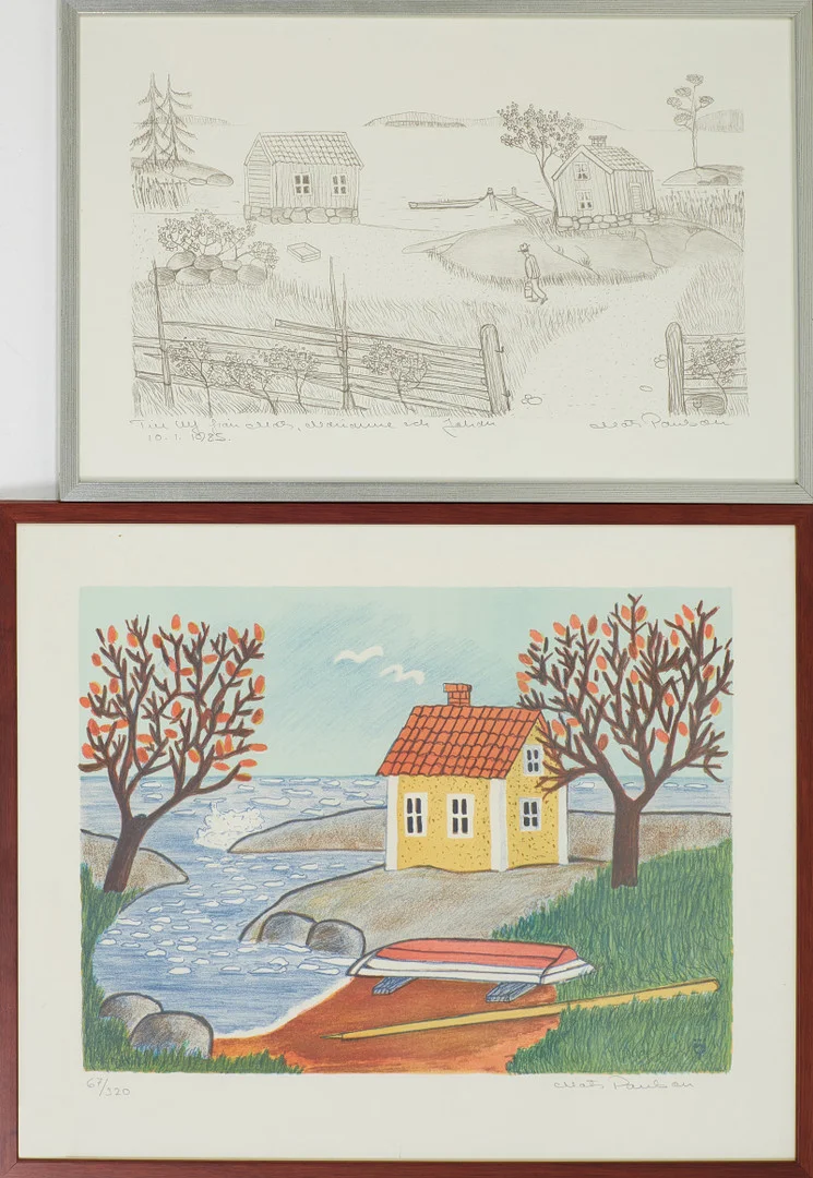 MATS PAULSON. 2 st, Skärgårdsmotiv, litografier, signerade samt en daterad 1985 med dedikation samt en numrerad 67/320. — Engravings & Prints — Stockholms Auktionsverk Sickla