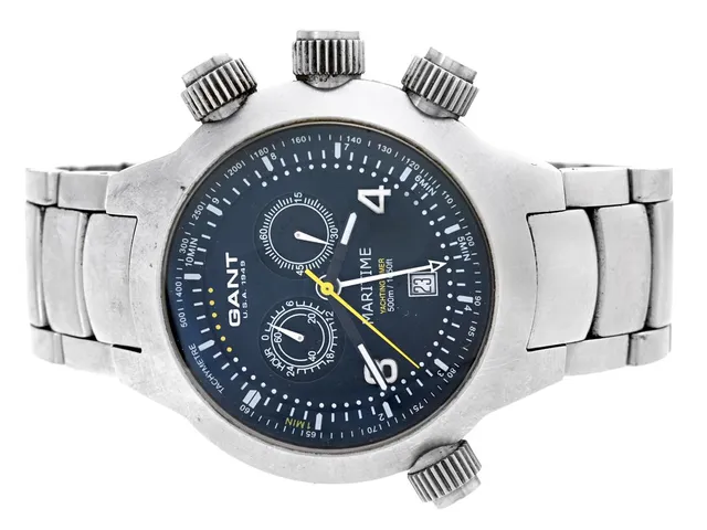 GANT, Maritime, Yachting Timer (500m/1650ft), Volvo Ocean Race 2005-2006, "Tachymetre", Boett nr. 5822, herrur, 45 mm, stål, quartz, safirglas, datum, defekt (går ej, akut servicebehov), integrerad originallänk, viklås, ca 2006.