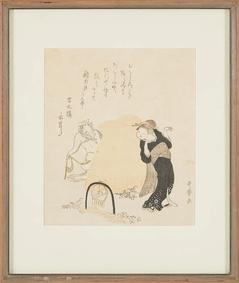 KITAGAWA UTAMARO. EFTER. Räv och kvinna, Surimono, träsnitt, Japan, 1900-tal, kalligrafi. — Scrolls — Stockholms Auktionsverk Magasin 5