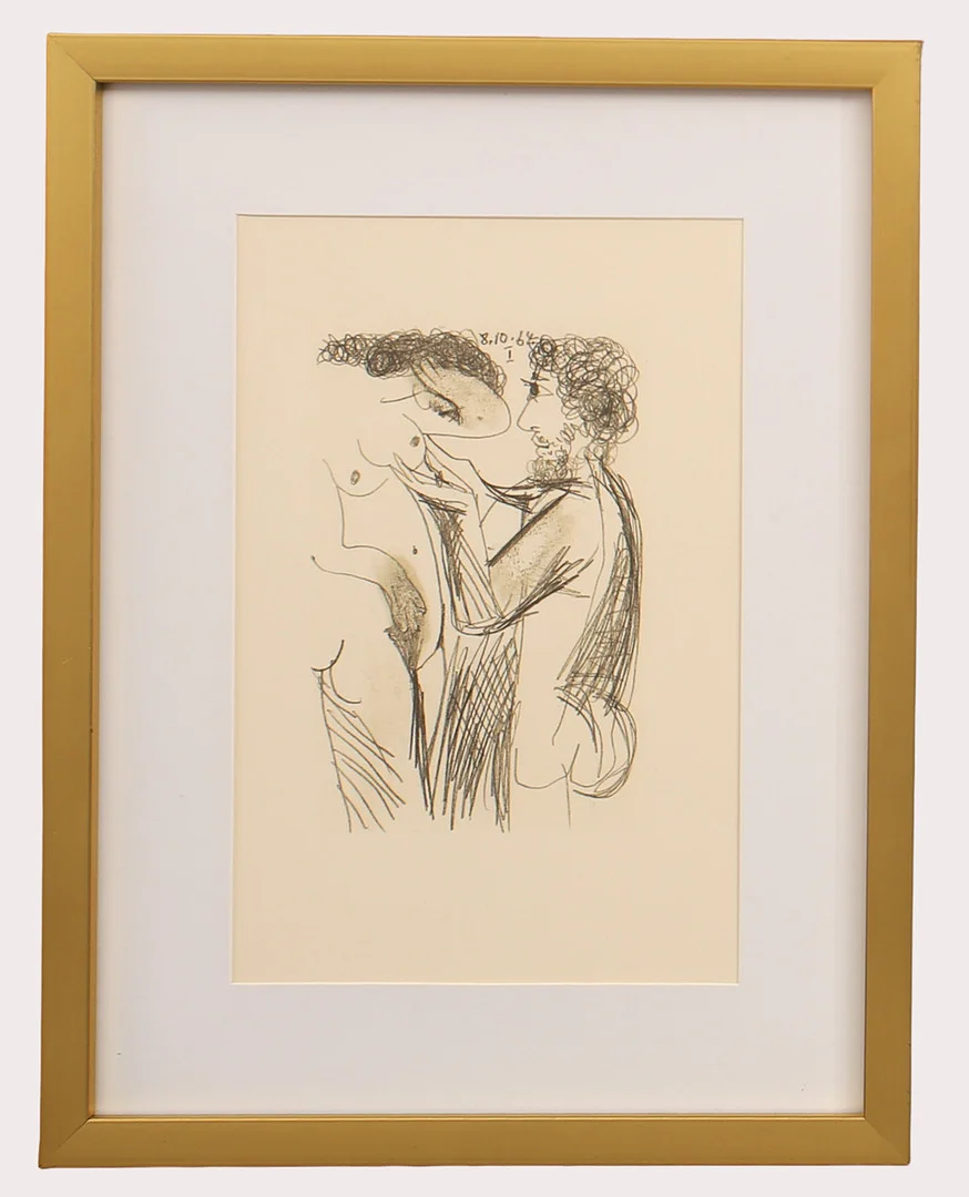 PABLO PICASSO. Efter, litografi , erotiskt motiv märkt 8.10.64 I, ur "LE GOUT DU BONHEUR" , Schünemann år 1970. Nr 403. — Engravings & Prints — Limhamns Auktionsbyrå