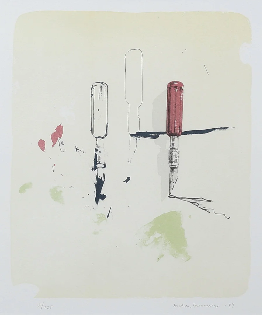LENNART ASCHENBRENNER. Verktyg. Färglitografi, signerad och numrerad 5/125, daterad -89. — Engravings & Prints — Auktionshuset Thelin & Johansson
