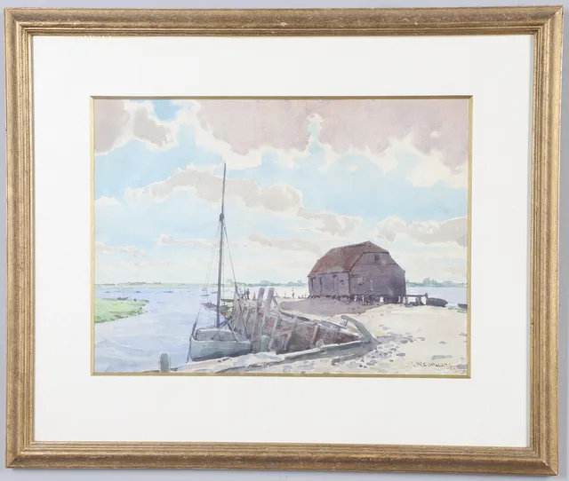 WILLIAM E WILLATS R.B.A. (FL. 1921-1939). ESTUARY SCENE WITH MOORED BOATS, POSSIBLY BOSHAM.