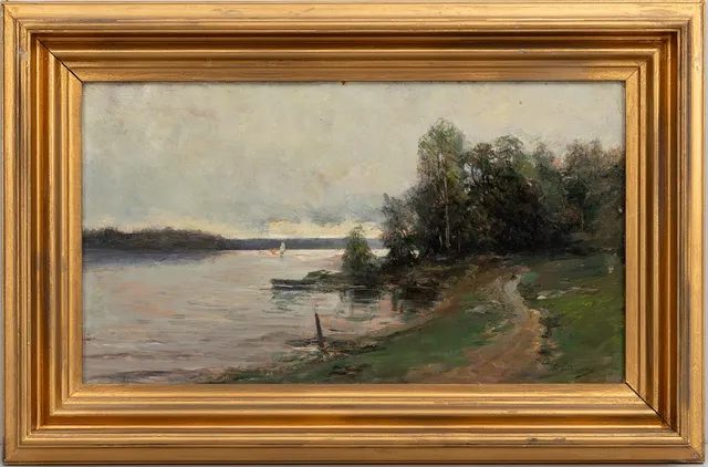 ROLF LIDBERG. Olja på pannå, Skärgård med vik, signerad.
