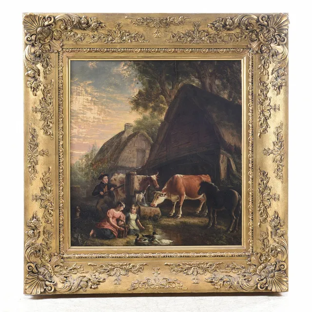 OIDENTIFIERAD KONSTNÄR, England, 1800-tal, gårdsscen, olja på pannå.