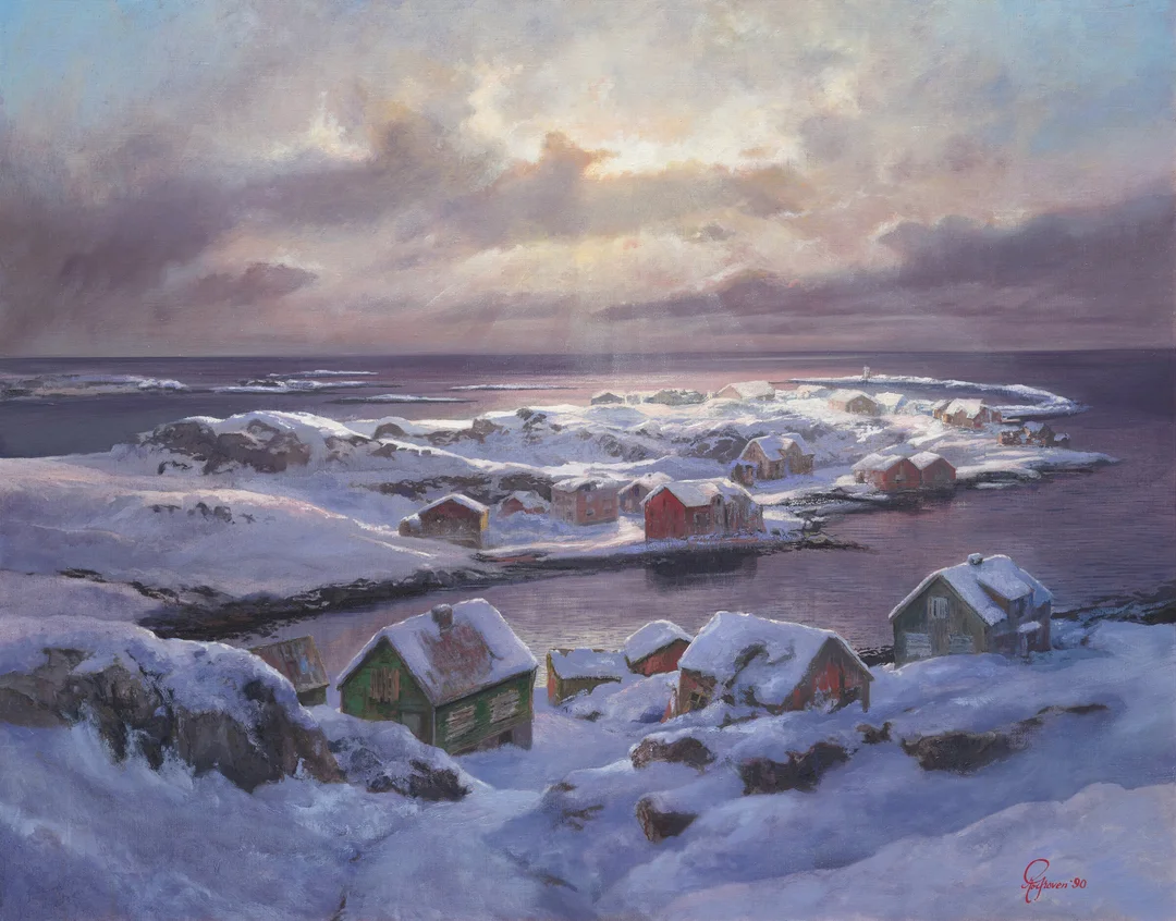 Groven, Rolf — "Fraflyttet fiskevær" 1990 — Kunst/Maleri — Blomqvist