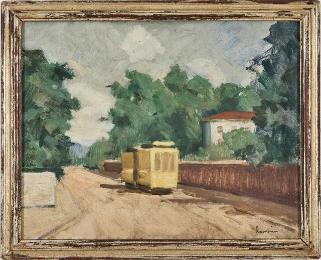 AKKE KUMLIEN. Gul spårvagn, olja på duk, 26 x 32,5 cm.