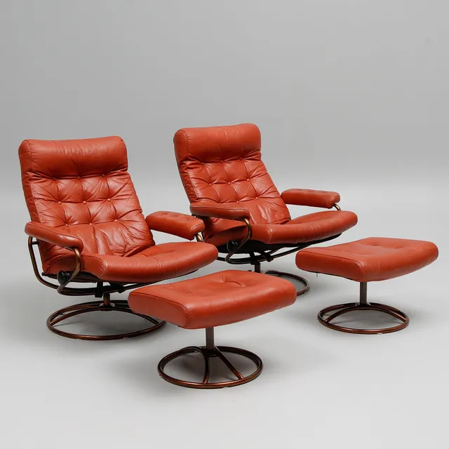 JAN ERIK LINDGREN. Fåtöljer med fotpall, 1 par, "Stressless", Ekornes, Norge, 1976.