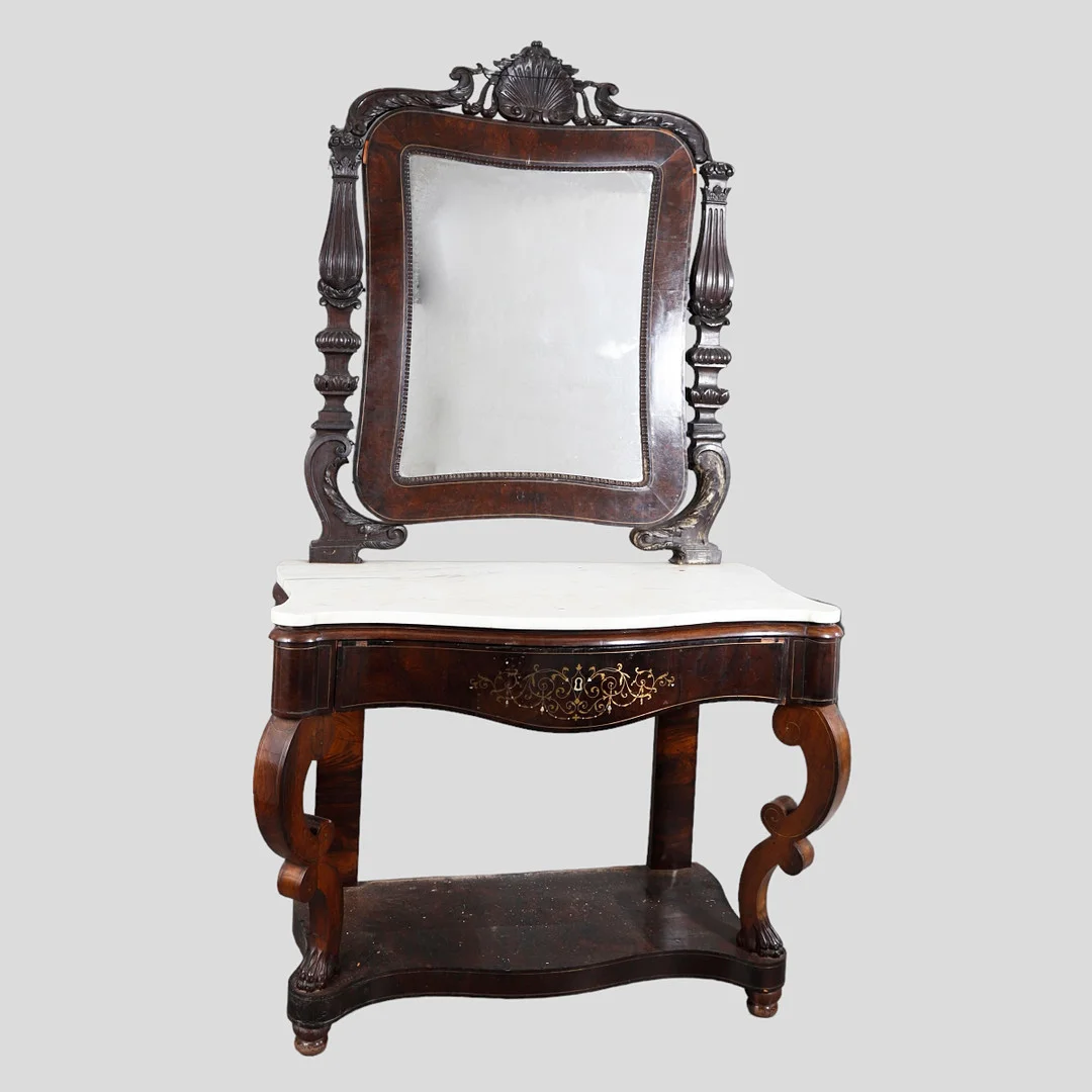 Elizabethan console in mahogany and marquetry, mid 19th Century. — Chests of drawers — Balclis