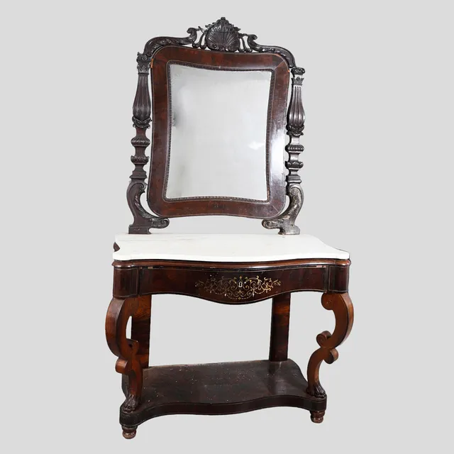 Elizabethan console in mahogany and marquetry, mid 19th Century.