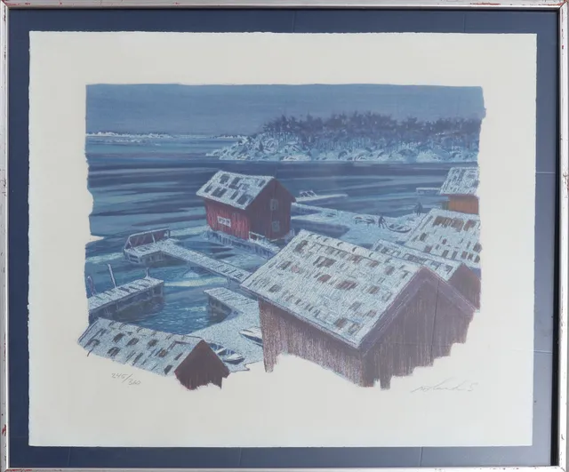 ROLAND SVENSSON. litografi, "Vinterskymning vid Sandhem", signerad & numrerad 245/360.