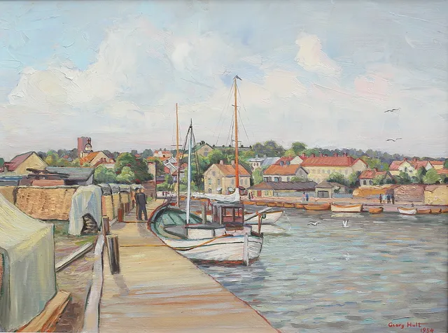 GEORG HULT. Skåningebryggan, Oskarshamn. Olja på duk, signerad och daterad 1954.