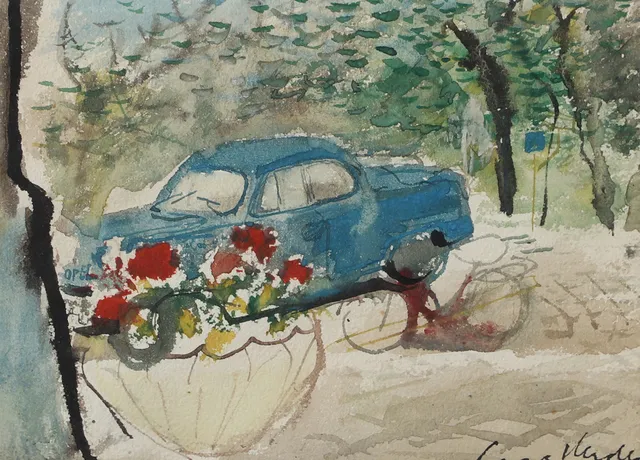 LARS HERDER. Den blå bilen, akvarell, signerad.