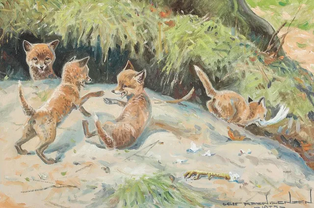 Fox cubs playing. Signed and dated Leif Ragn-Jensen, 1975. Oil on canvas. 30×45 cm.