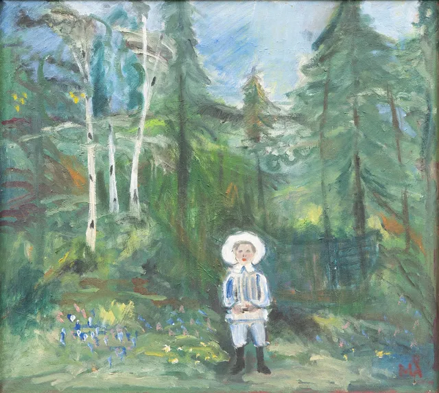 MARIANNE ÅGREN (FÖDD 1941). Flicka med hatt i skogsmiljö, olja på duk, signerad.