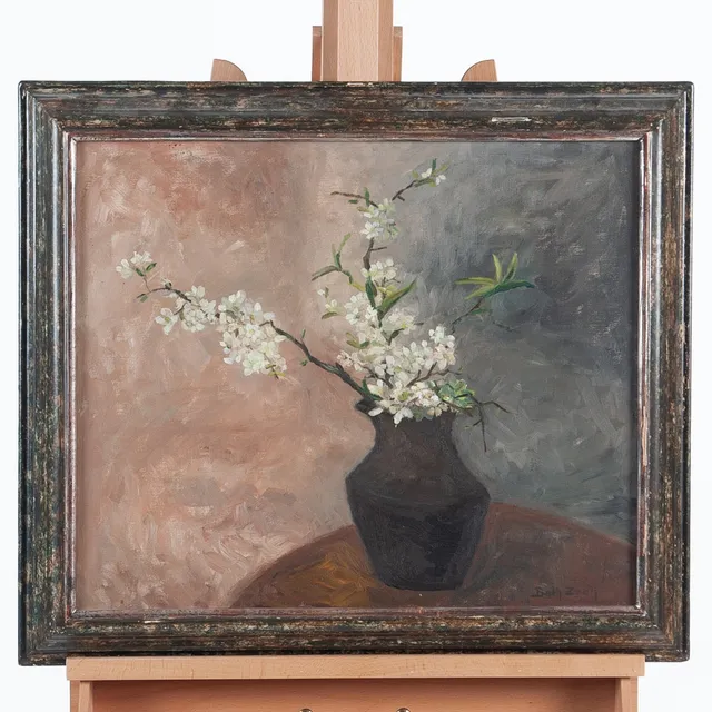 BETH ZEEH. olja på duk, "blommor i svart vas" signerad.