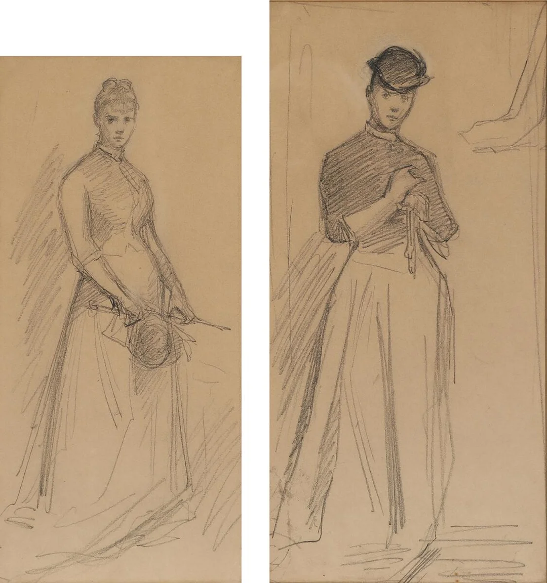 P. S. Krøyer: Two studies for P. S. Krøyers portrait of Julie Heger (1884). Unsigned. Pencil on paper. Visible size 33 x 16 cm and 36×17.5 cm. (2) — Prints & Drawings — Bruun Rasmussen