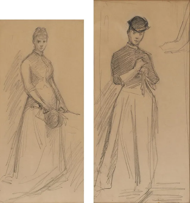 P. S. Krøyer: Two studies for P. S. Krøyers portrait of Julie Heger (1884). Unsigned. Pencil on paper. Visible size 33 x 16 cm and 36×17.5 cm. (2)