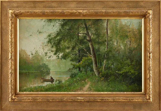 ARVID MAURITZ LINDSTRÖM. insjölandskap med fiskare.