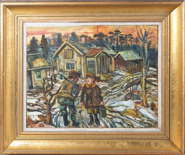 OLLE NORDBERG. Bymotiv med figurer, olja på pannå.
