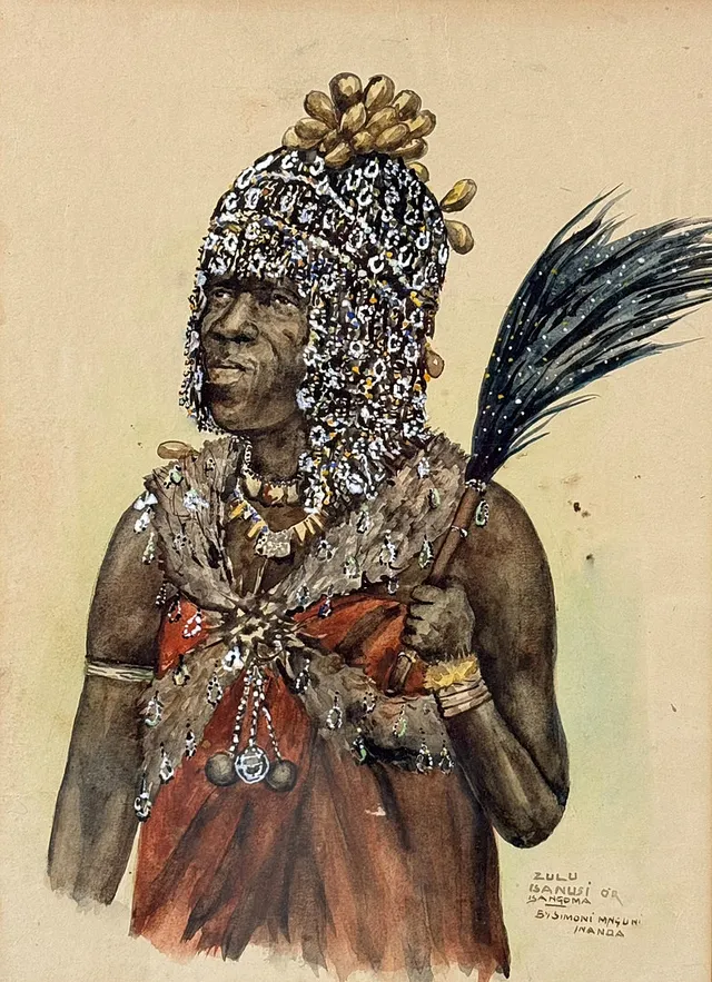 SIMONI MNGUNI. Akvarell . "zulu banusi", signerad.