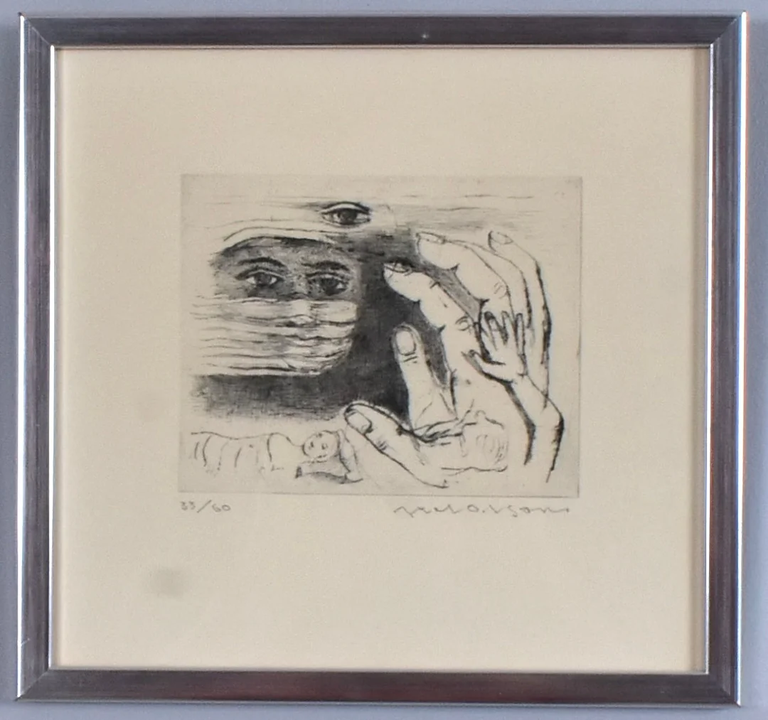 AXEL OLSON. etsning, surrealistisk komposition. — Engravings & Prints — Halmstads Auktionskammare
